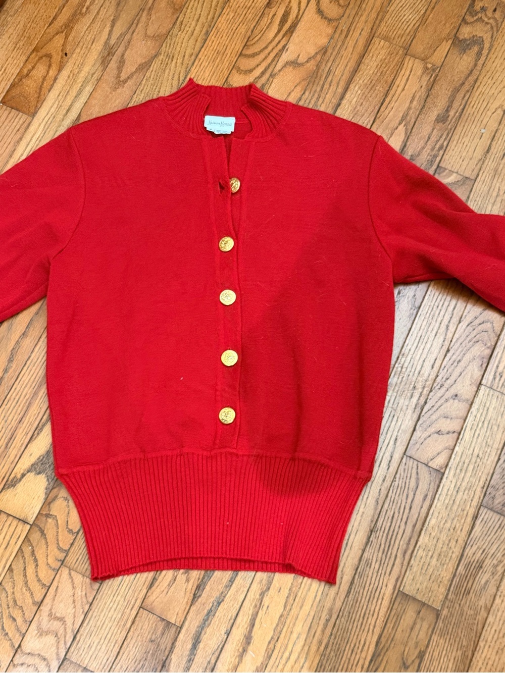Neiman Marcus Red Cardigan with Gold Buttons